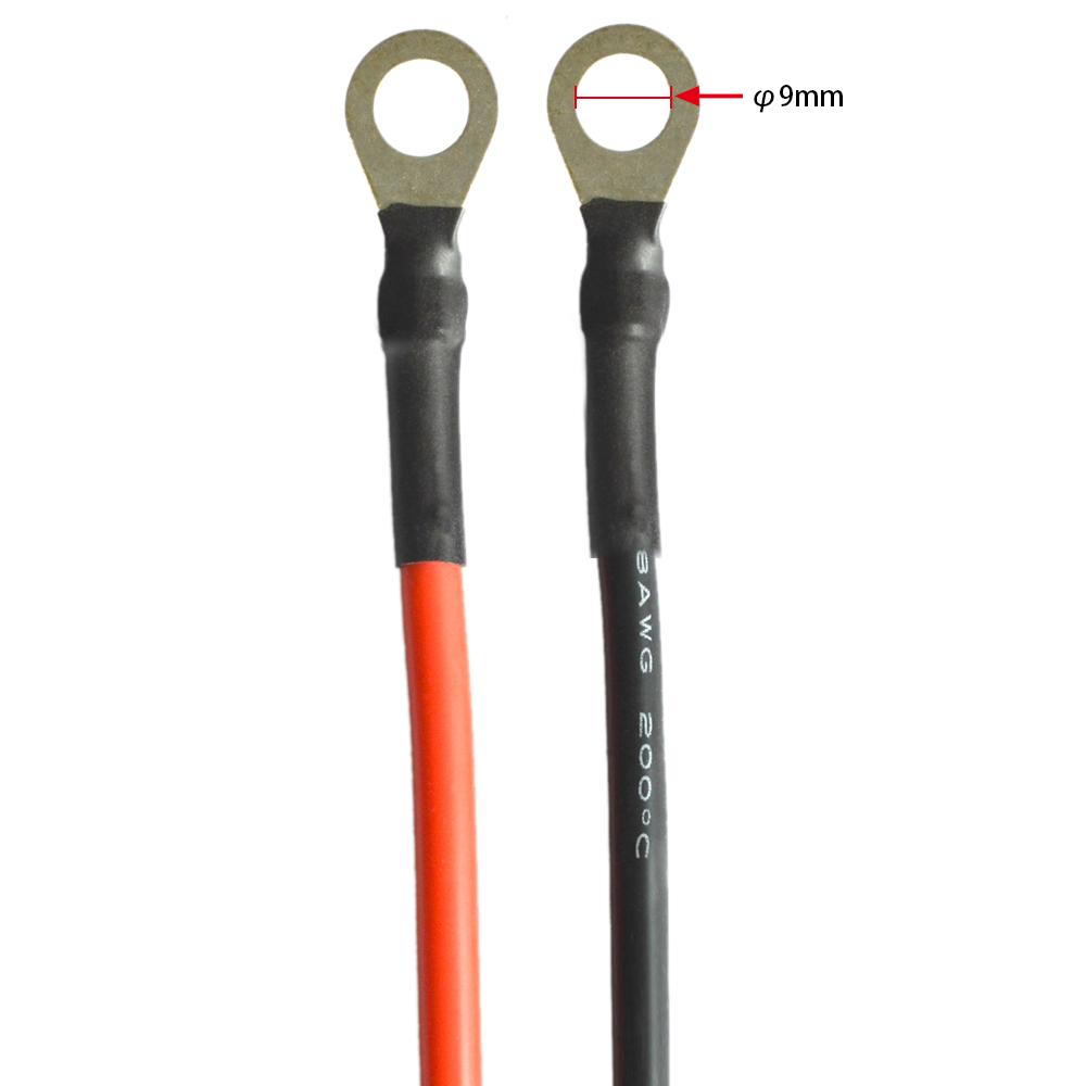 Two cable lugs with red and black insulation on a white background, showing a diameter of 9mm.