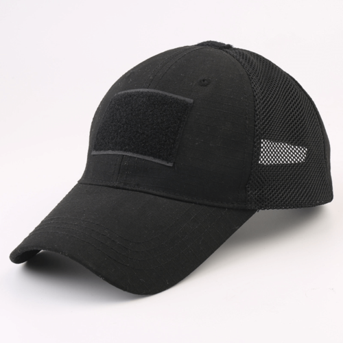 Black baseball cap with mesh back on a white background