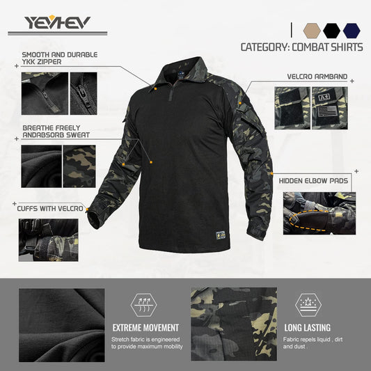 Combat shirt with camouflage pattern on a white background, featuring YeeHev branding and product features.