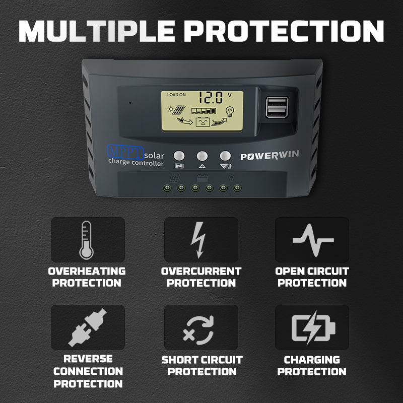 Powervin solar charge controller with protection features on a dark background