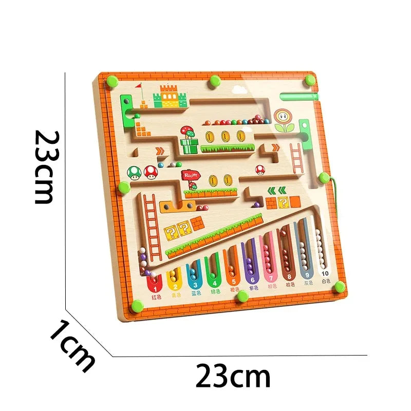 Wooden maze toy with colorful elements and measurements on a white background