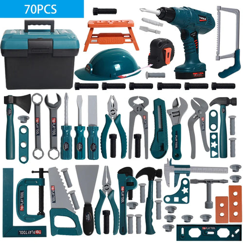 Collection of toolbox toys with tools and a toolbox on a white background