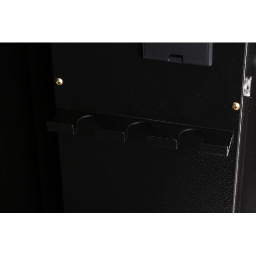 Close-up of a black cabinet with a metallic handle on a white background