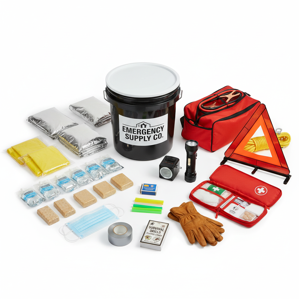 Emergency supply kit with a black bucket labeled 'Emergency Supply Co.' on a white background.