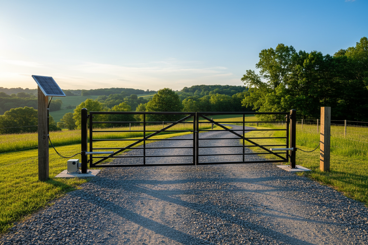 Metal gate at the end of a gravel driveway with solar panel on a wooden post, surrounded by greenery.