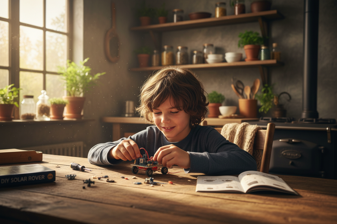 A child at a rustic wooden table assembling a science kit, warm natural light, homestead kitchen in the background