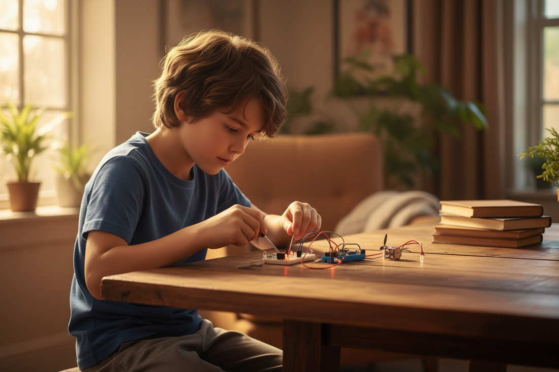 A child focused on building a hands-on science kit at a wooden table, with warm natural light from a window — illustrating practical STEM learning at home.