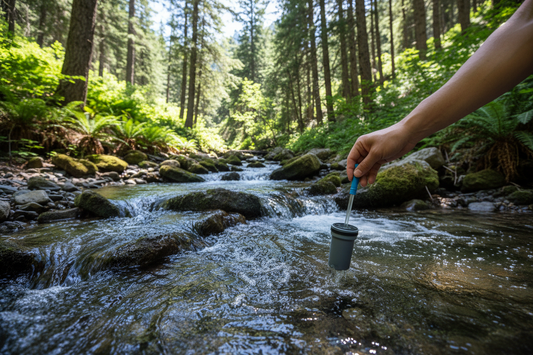 A person using a portable water filter straw to drink directly from a clear mountain stream, illustrating off-grid water filtration.