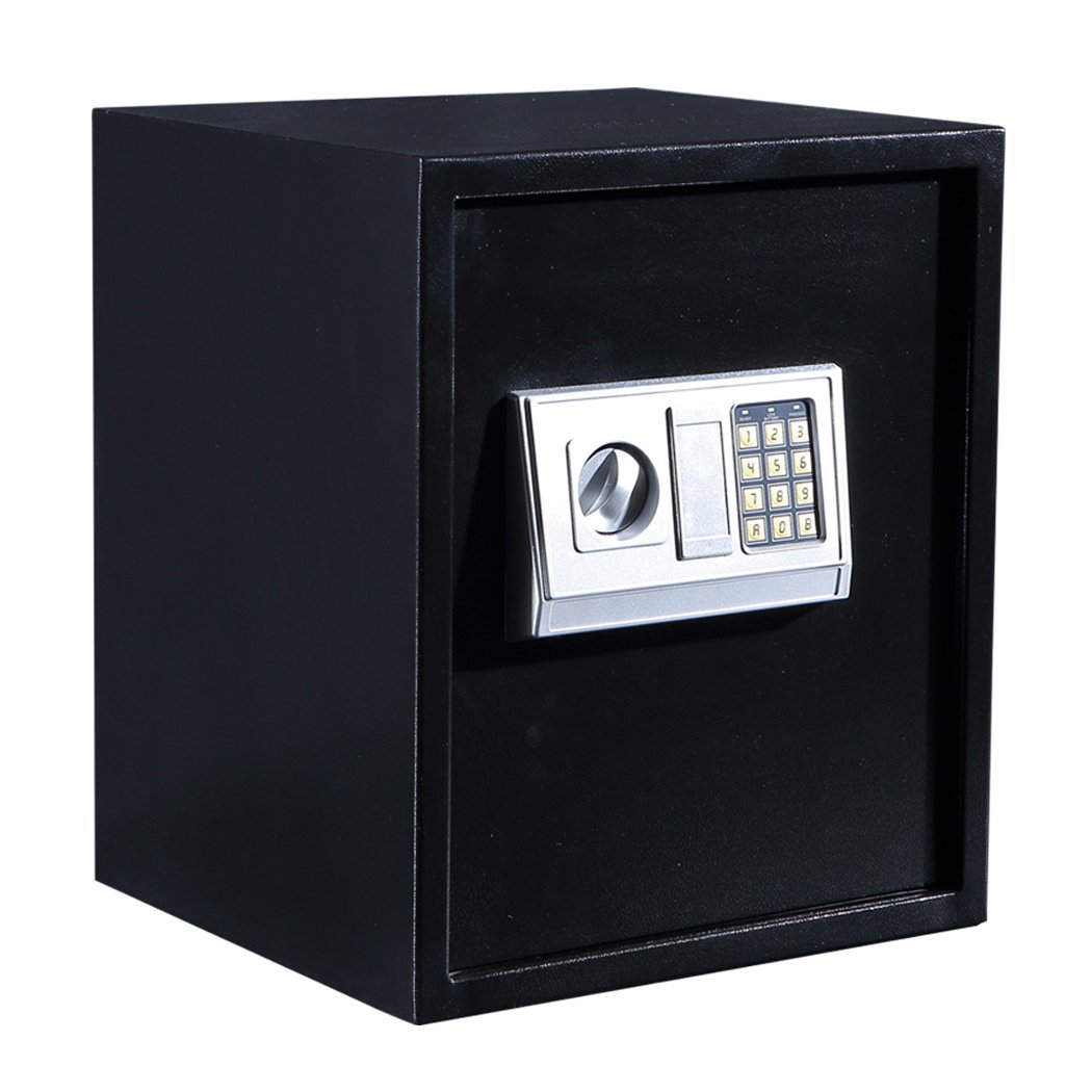 Black safe box with electronic keypad on a white background