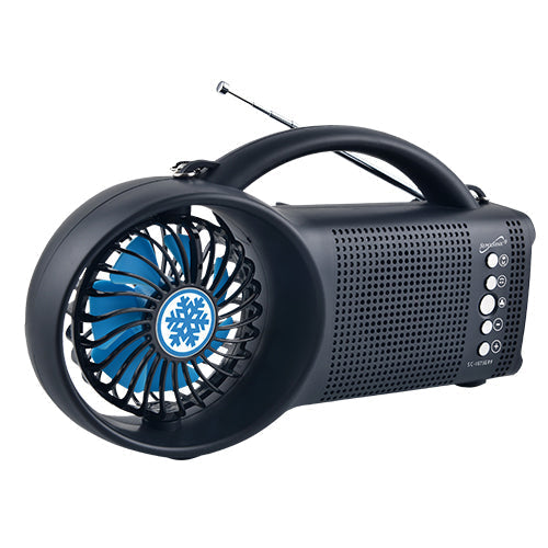Solar-Powered Bluetooth Speaker with FM Radio, LED Torch & Fan | Off-Grid Audio & Emergency Tool