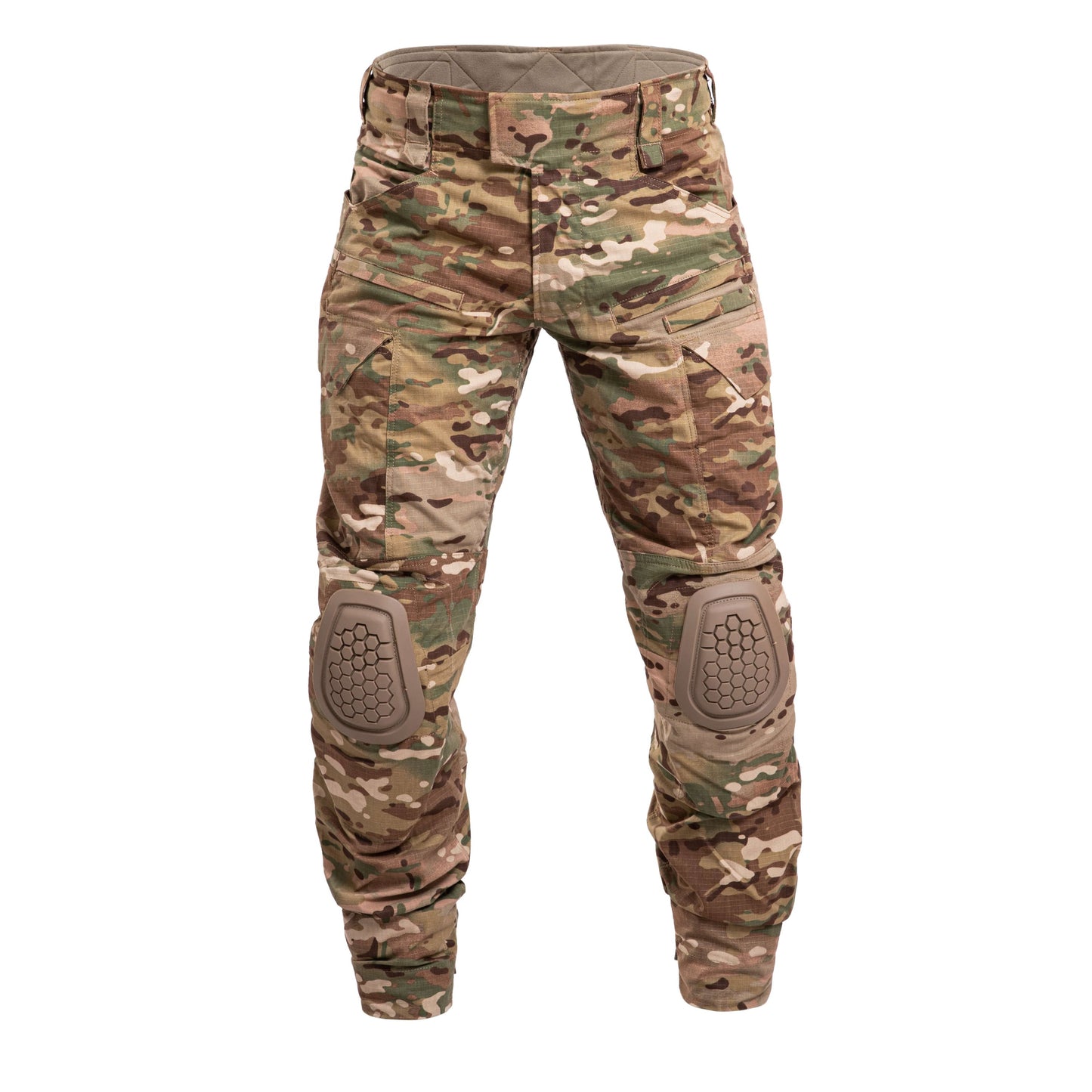 Camouflage tactical pants with knee pads on a white background