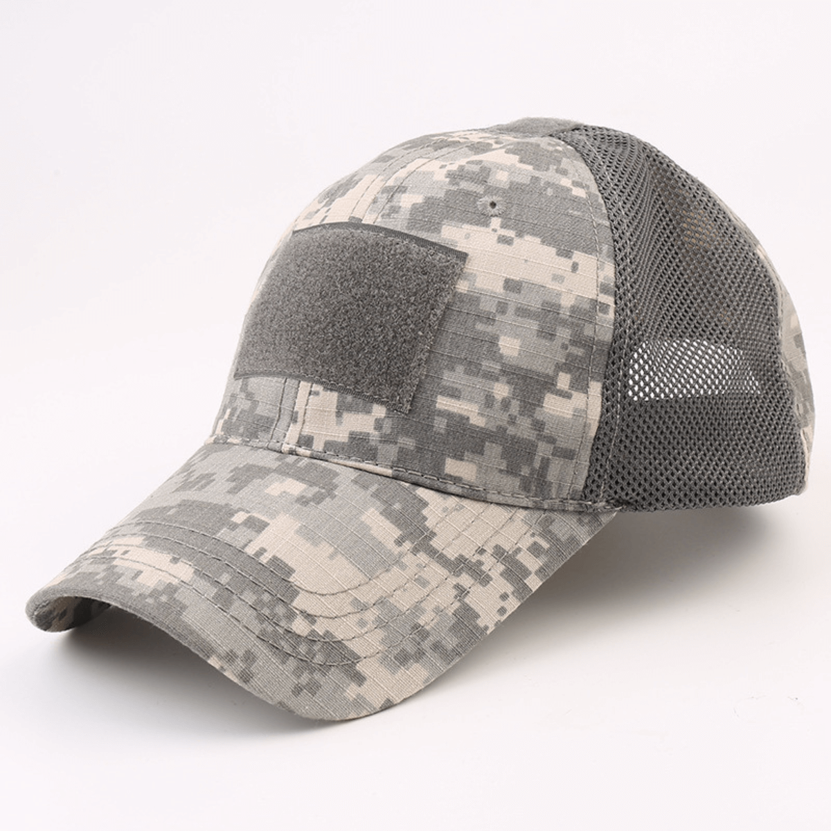 Camouflage baseball cap with mesh back on a white background