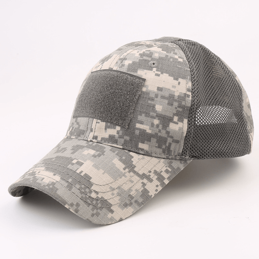 Camouflage baseball cap with mesh back on a white background