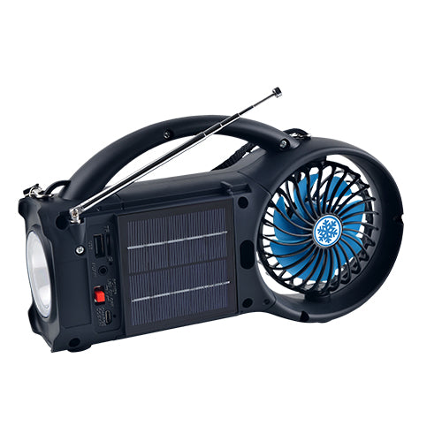 Solar-Powered Bluetooth Speaker with FM Radio, LED Torch & Fan | Off-Grid Audio & Emergency Tool