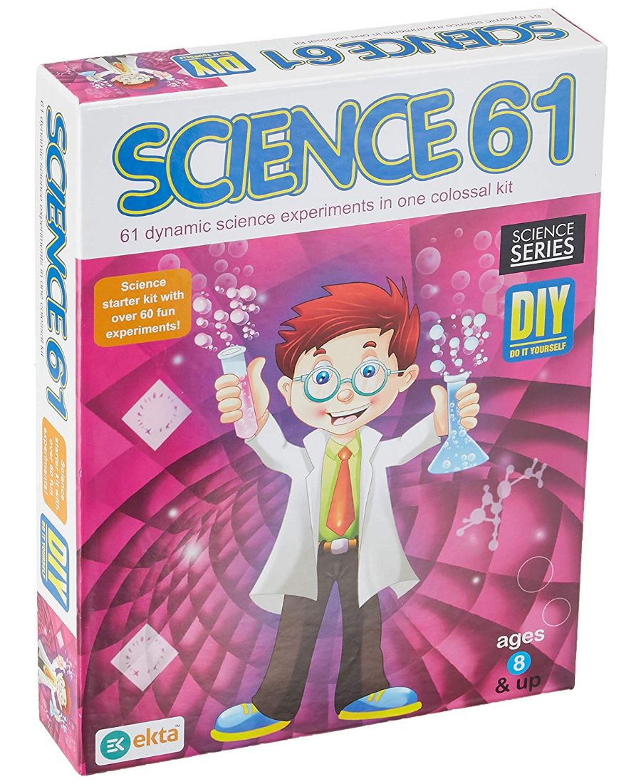 Science 61 experiment kit packaging with a child scientist illustration on a pink background