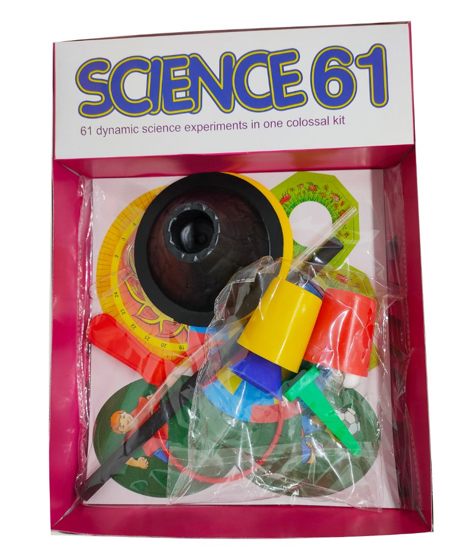 Science experiment kit packaging with colorful components and 'Science 61' branding.