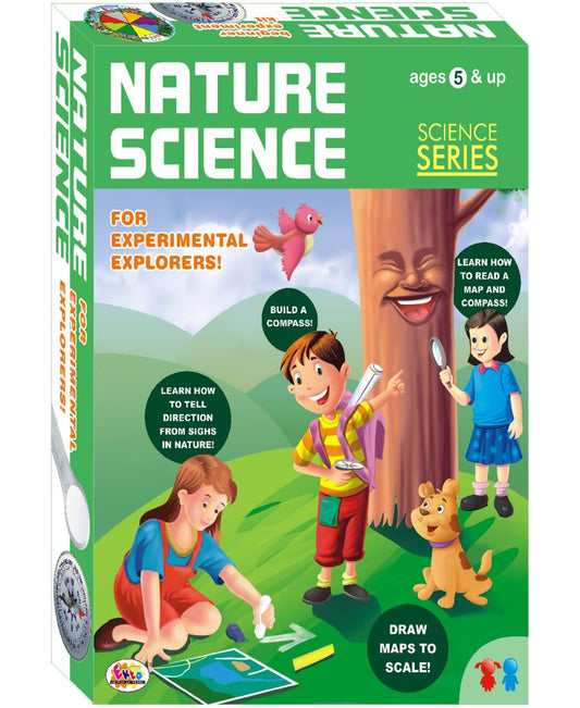 Nature Science educational kit for experimental explorers with children and a dog on the box.