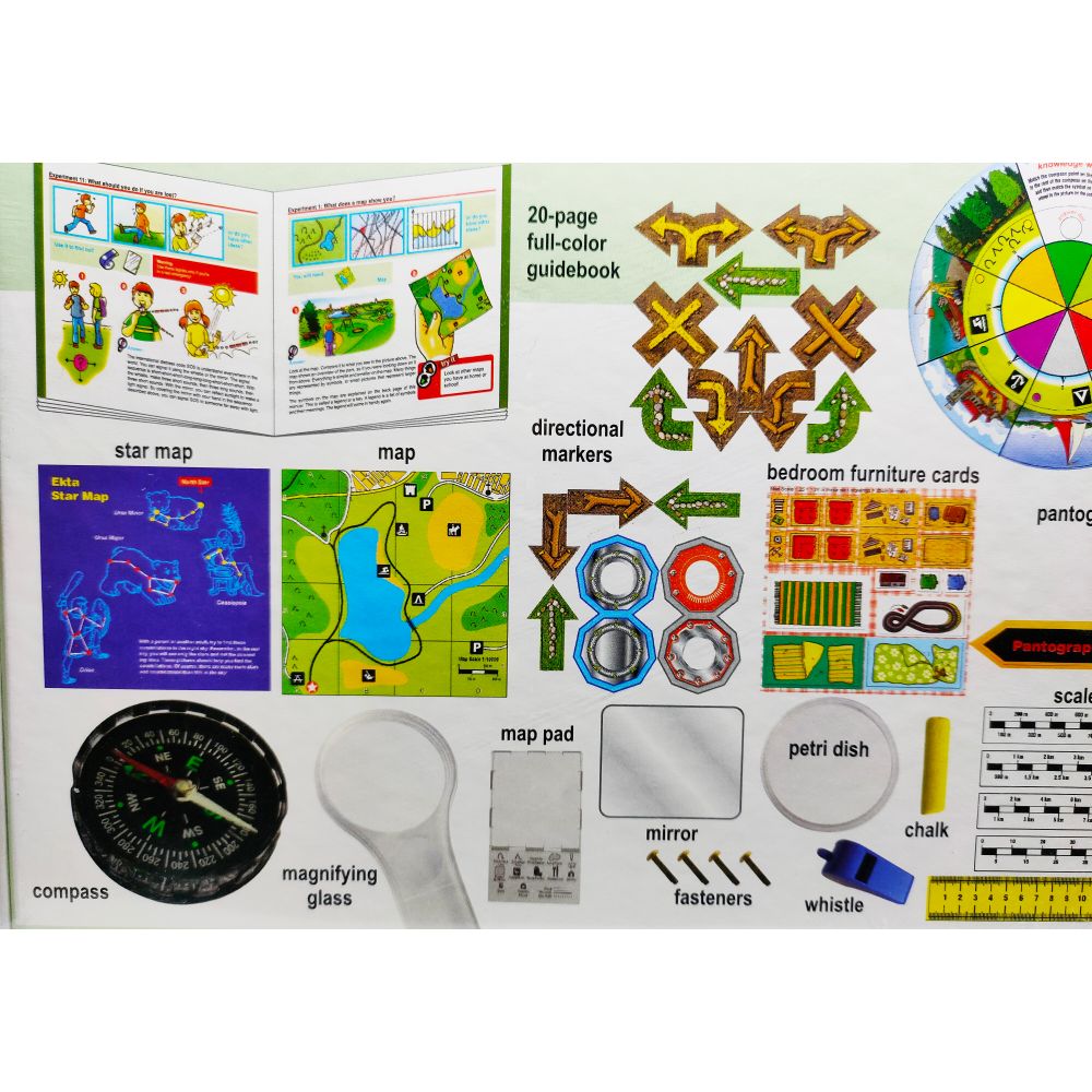 Collection of educational tools including a map, compass, magnifying glass, and other items on a white background.