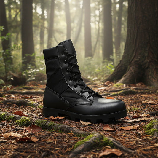 Black tactical boot on a white background