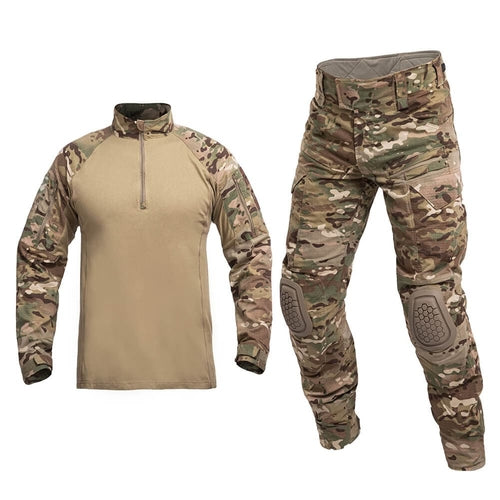 Camouflage tactical shirt and pants set on a white background