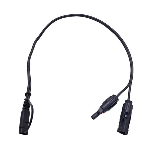 Black cable with two connectors on a white background
