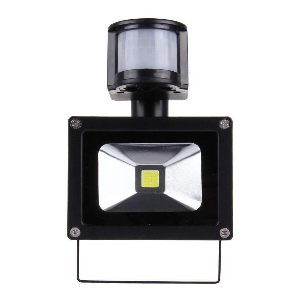 Black outdoor flood light with motion sensor on a white background