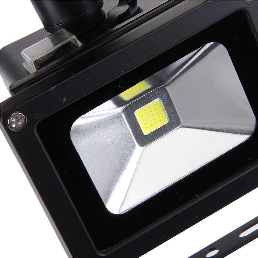 LED flood light with a close-up of the bulb on a white background
