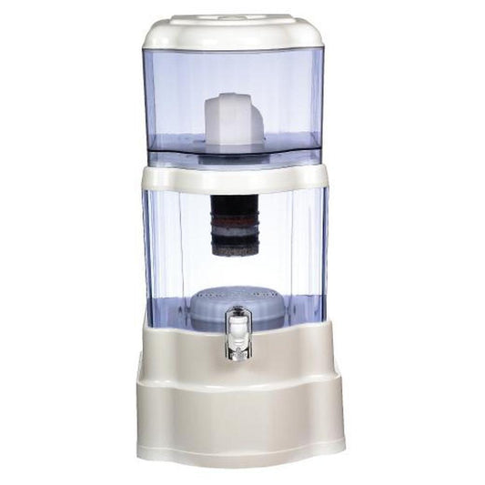 28L benchtop gravity water filter with clear upper and lower chambers, white base and lid, visible internal filter cartridge, and front dispensing spigot on a white background