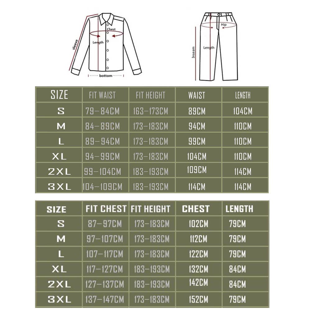 Size chart for clothing with measurements in centimeters and inches.