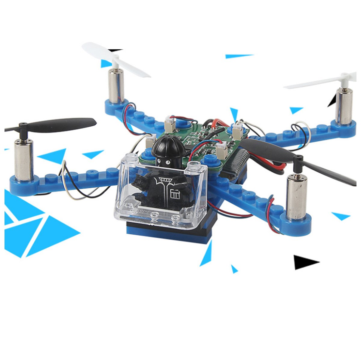 Hexacopter drone model with blue frame and visible components on a white background