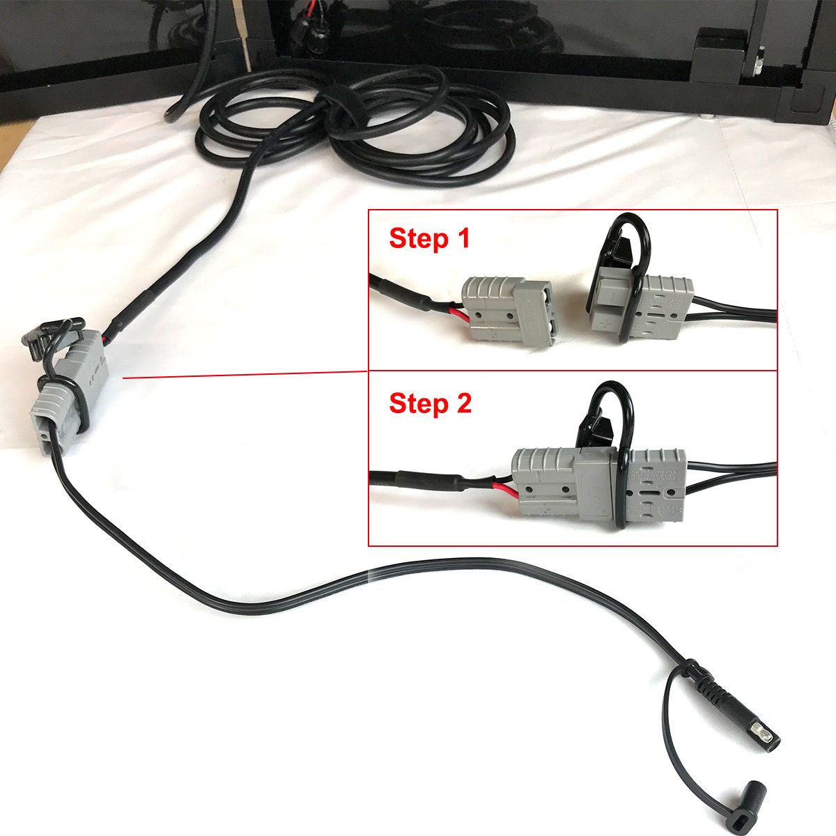 Wiring harness with connectors on a white surface, showing step-by-step connection process.