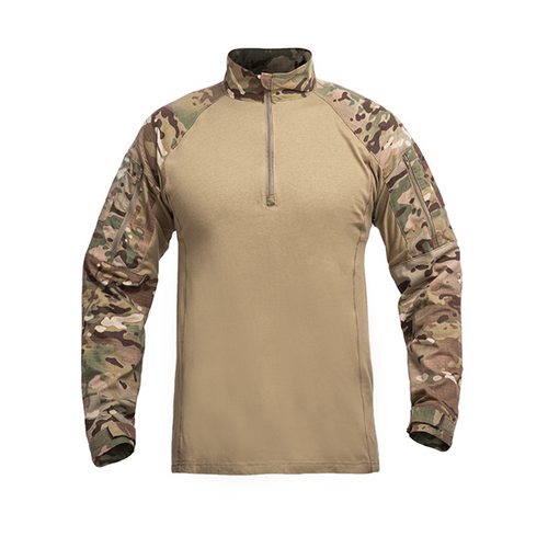 Tan and camouflage long-sleeve shirt on a white background