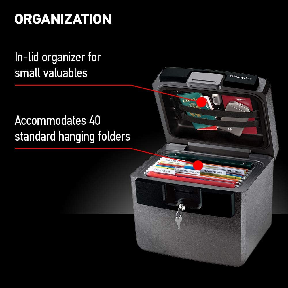 Black safe with an in-lid organizer for small valuables and hanging folders, on a black background.