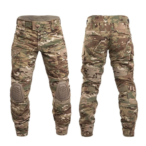 Camouflage tactical pants with knee pads on a white background