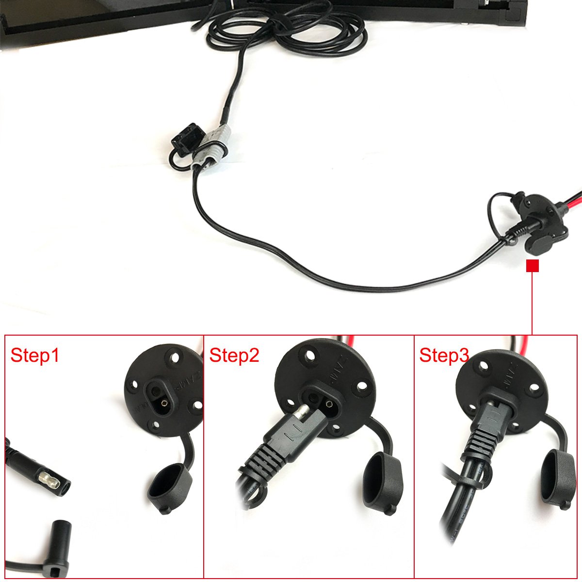 Step-by-step assembly of a black electronic component with wiring on a white background.
