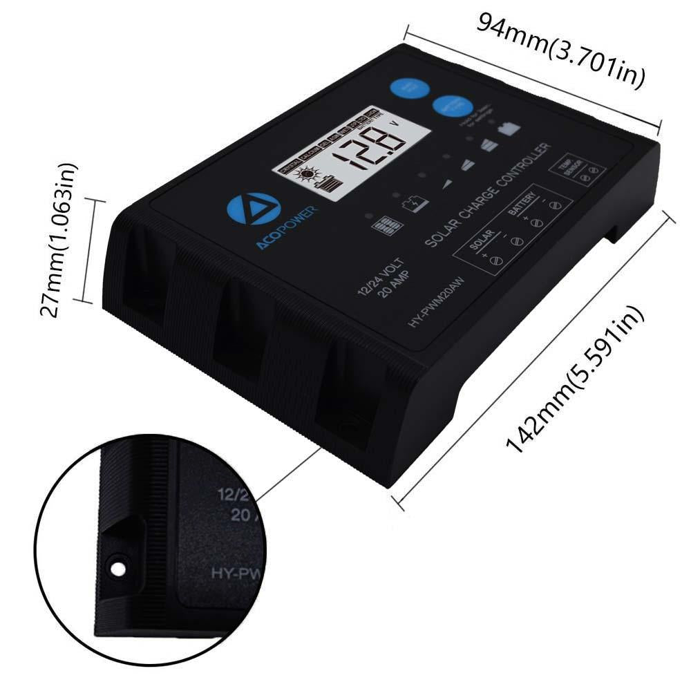 Black electronic device with digital display and buttons, showing dimensions on a white background.