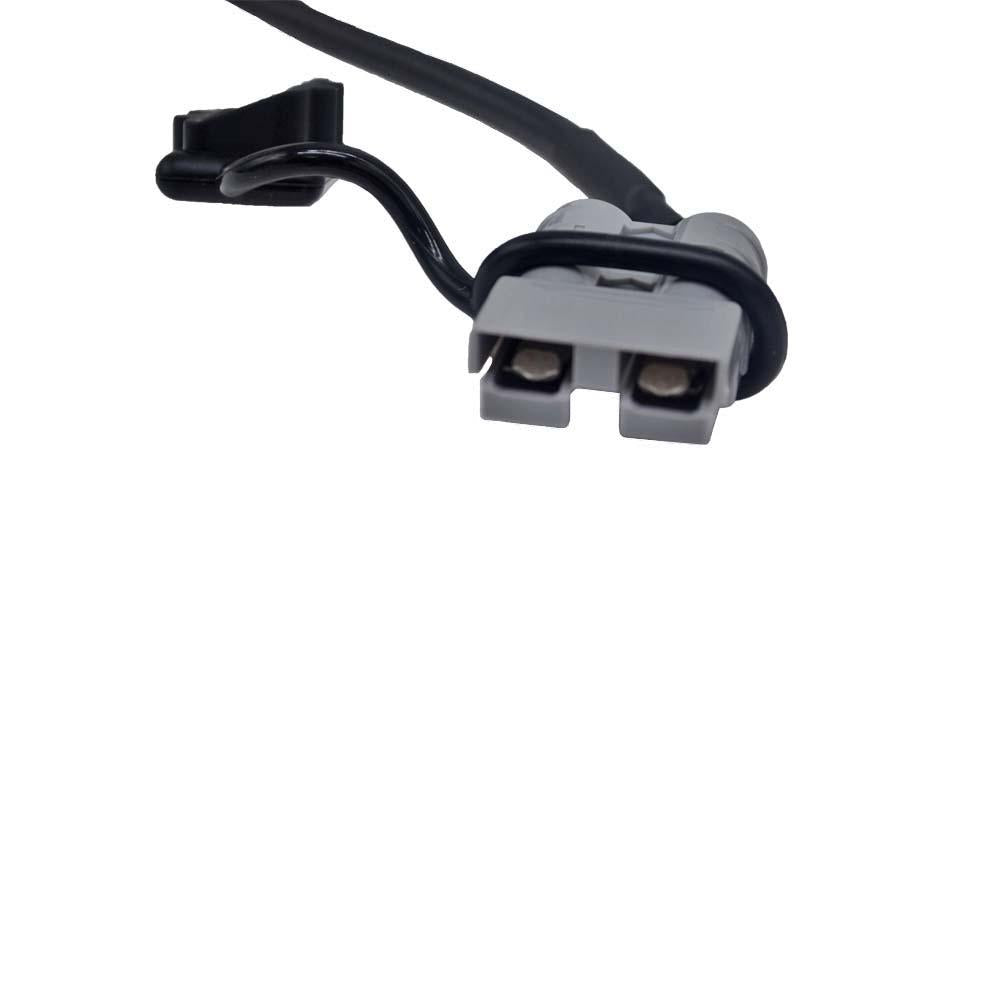 Electrical connector with black cable on a white background