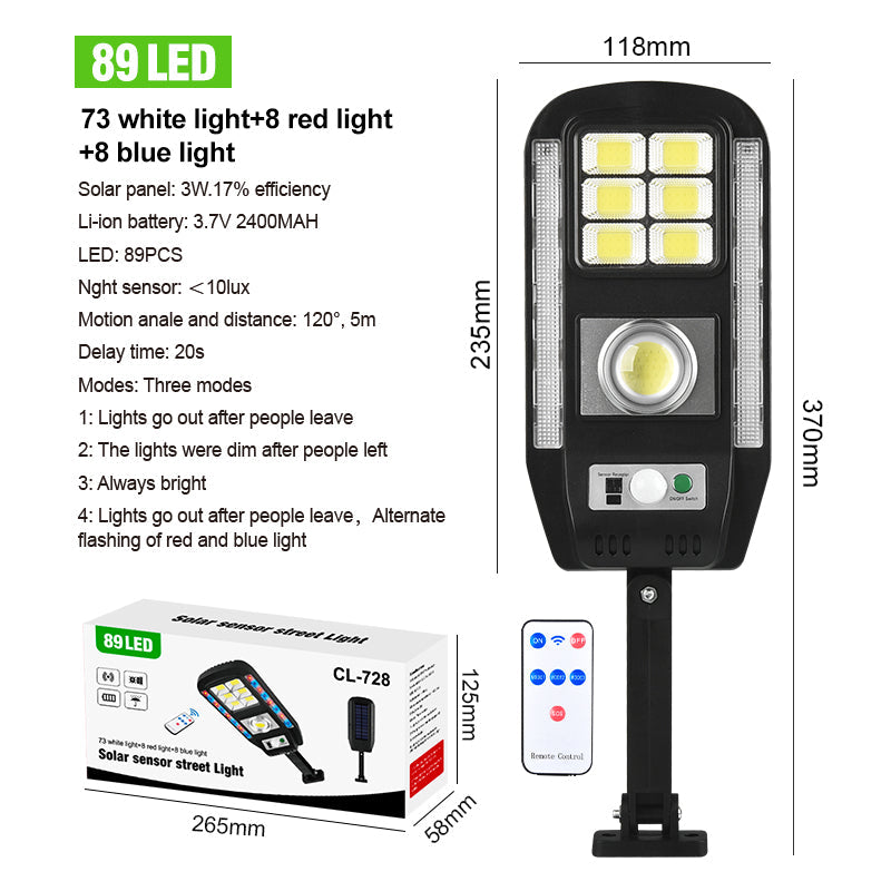 Solar street light with LED display, remote control, and packaging on a white background