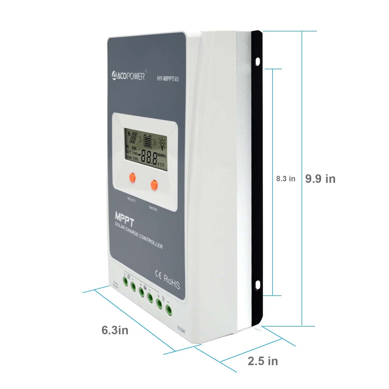 Solar charge controller with dimensions on a white background