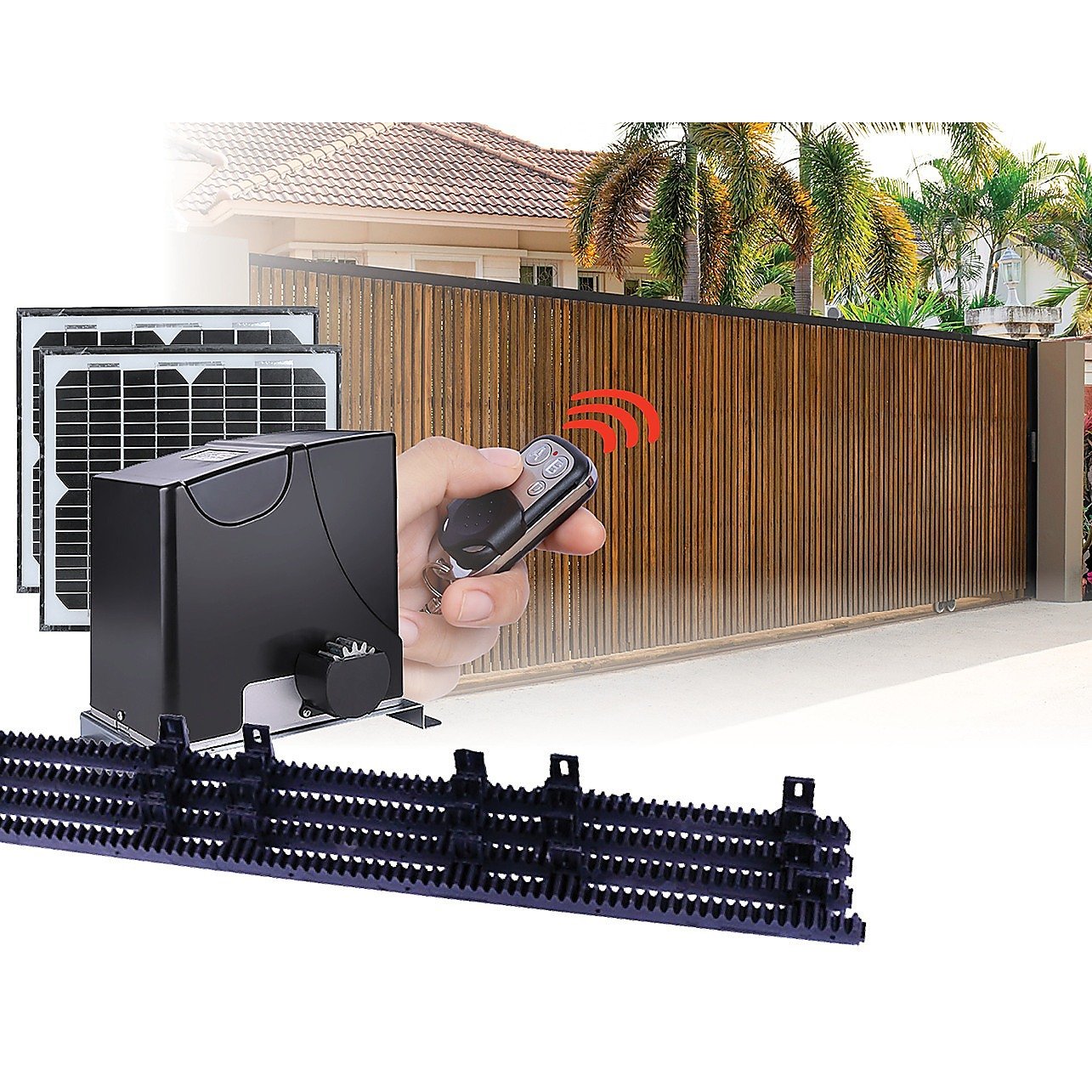 Gates system with solar panels, gate motor, and remote control on a white background.