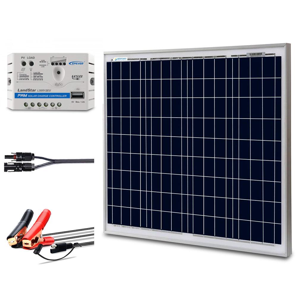 ACOPOWER 50W 12V Solar Charger Kit | 10A PWM Controller, SAE & Alligator Clamps Included