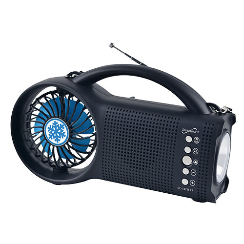 Solar-Powered Bluetooth Speaker with FM Radio, LED Torch & Fan | Off-Grid Audio & Emergency Tool