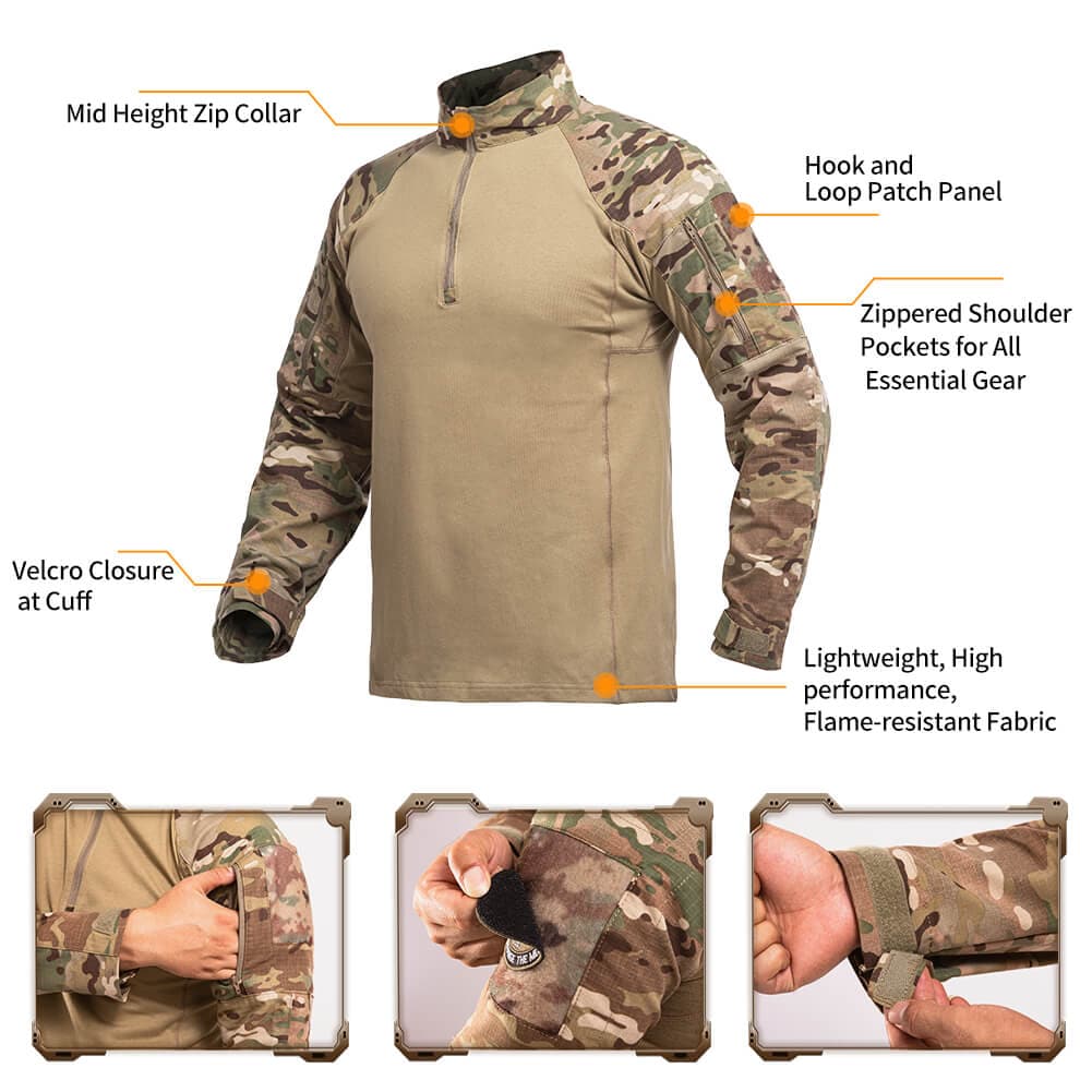 Camouflage shirt with features labeled on a white background