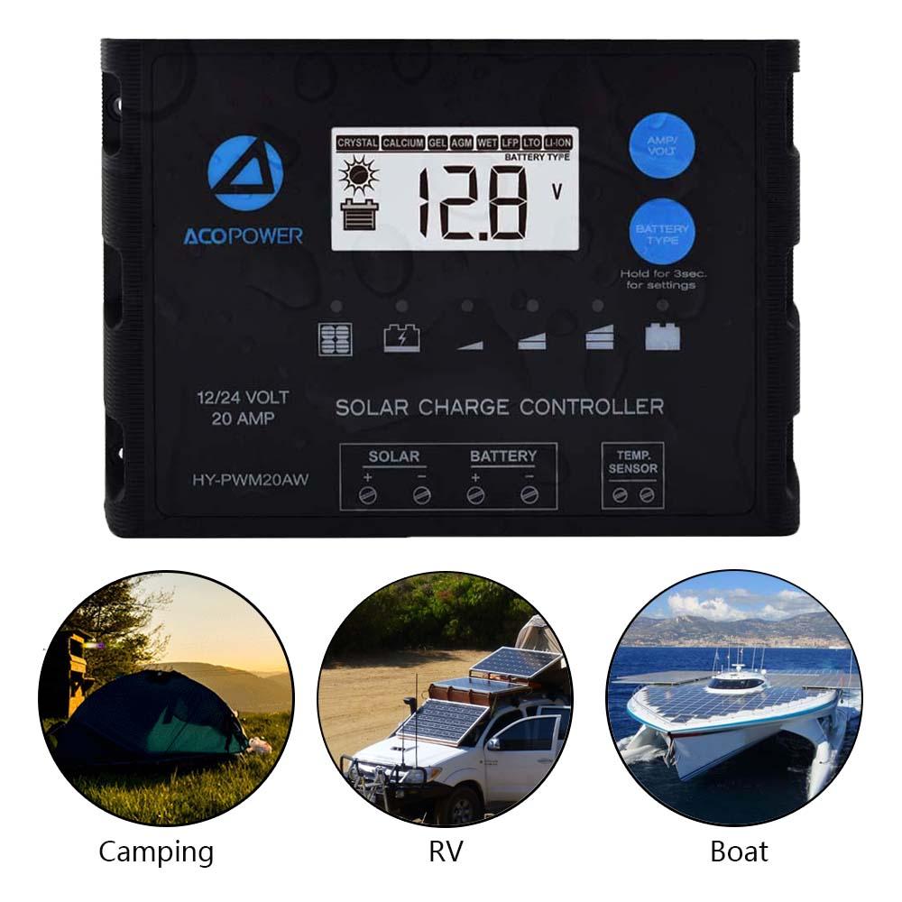 Solar charge controller with digital display and ACOPower branding, shown with applications for camping, RV, and boat use.