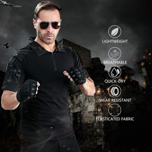 Man in tactical gear with gloves, surrounded by icons and text describing glove features.