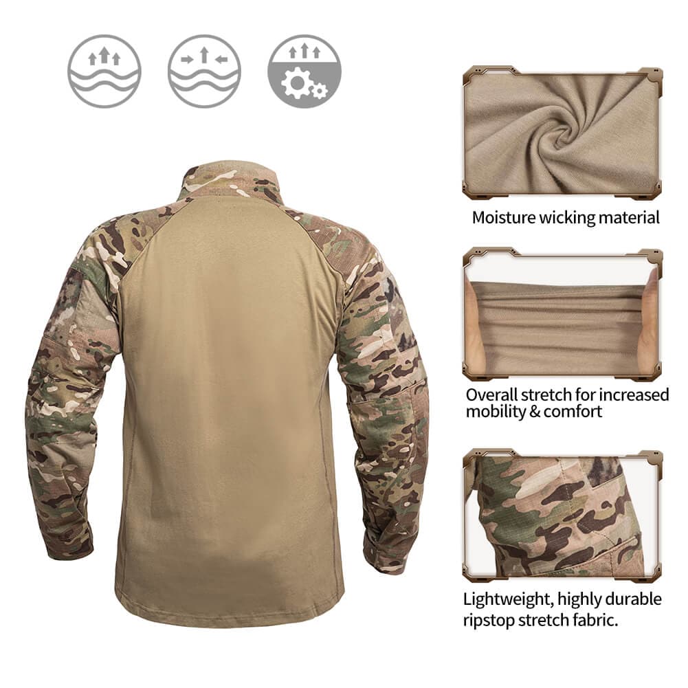 Multicam tactical shirt with features highlighted on a white background