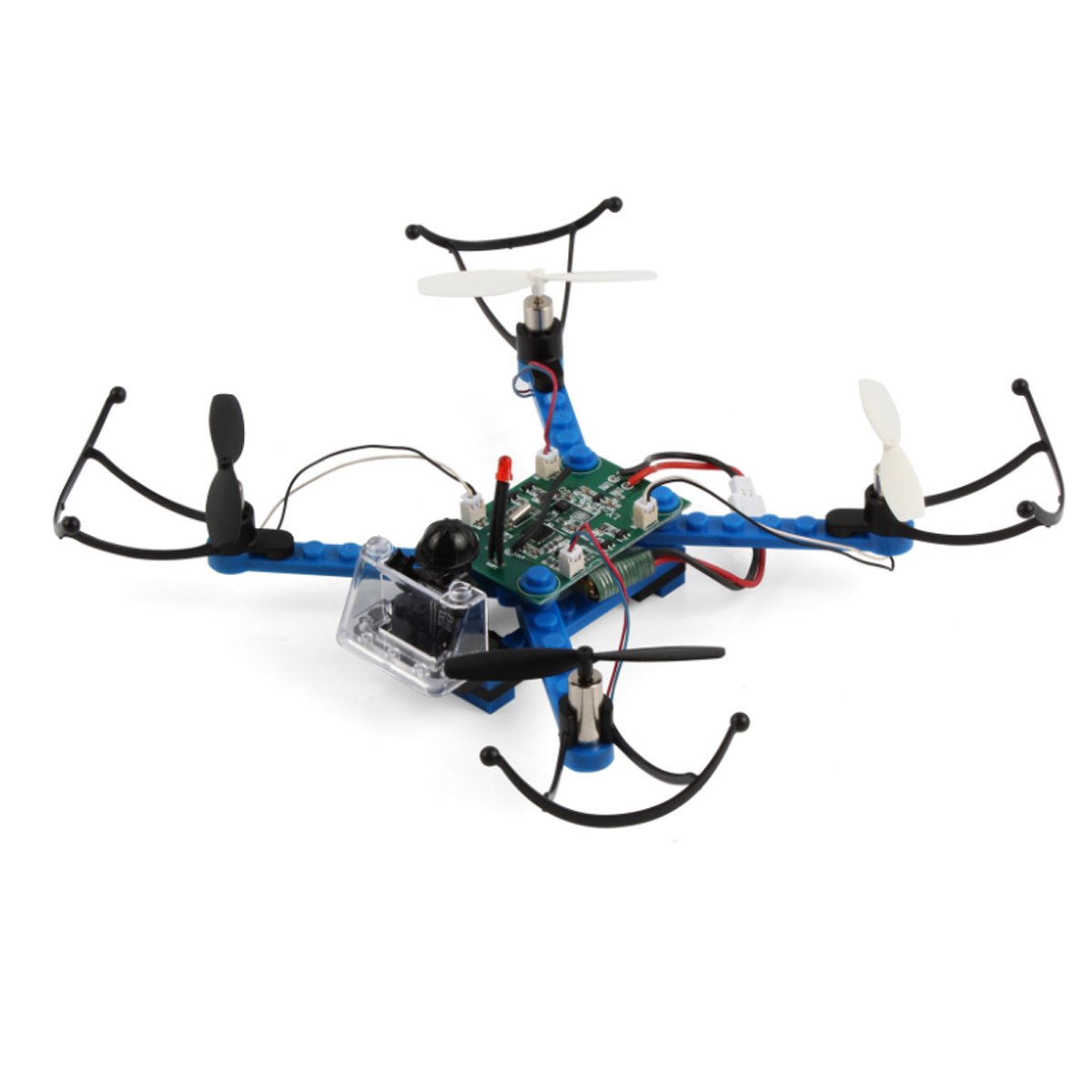 Blue and black drone with visible electronic components on a white background