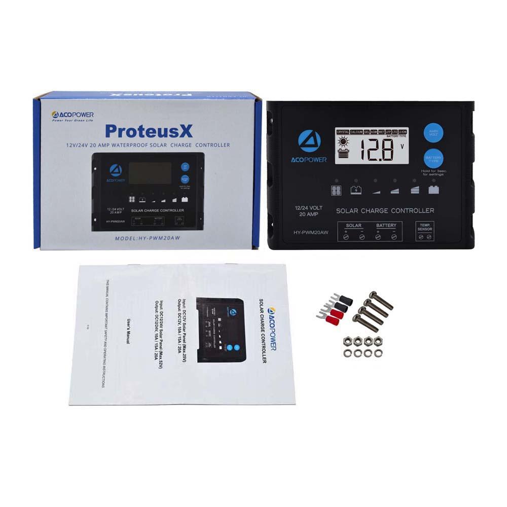 ProteusX solar charge controller with packaging, manual, and screws on a white background