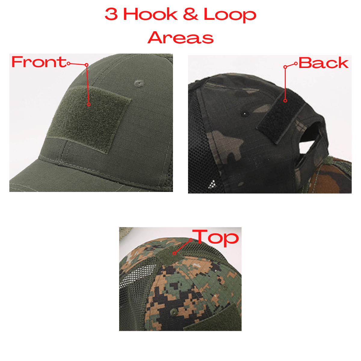 Three views of a cap with hook and loop areas labeled on a white background.