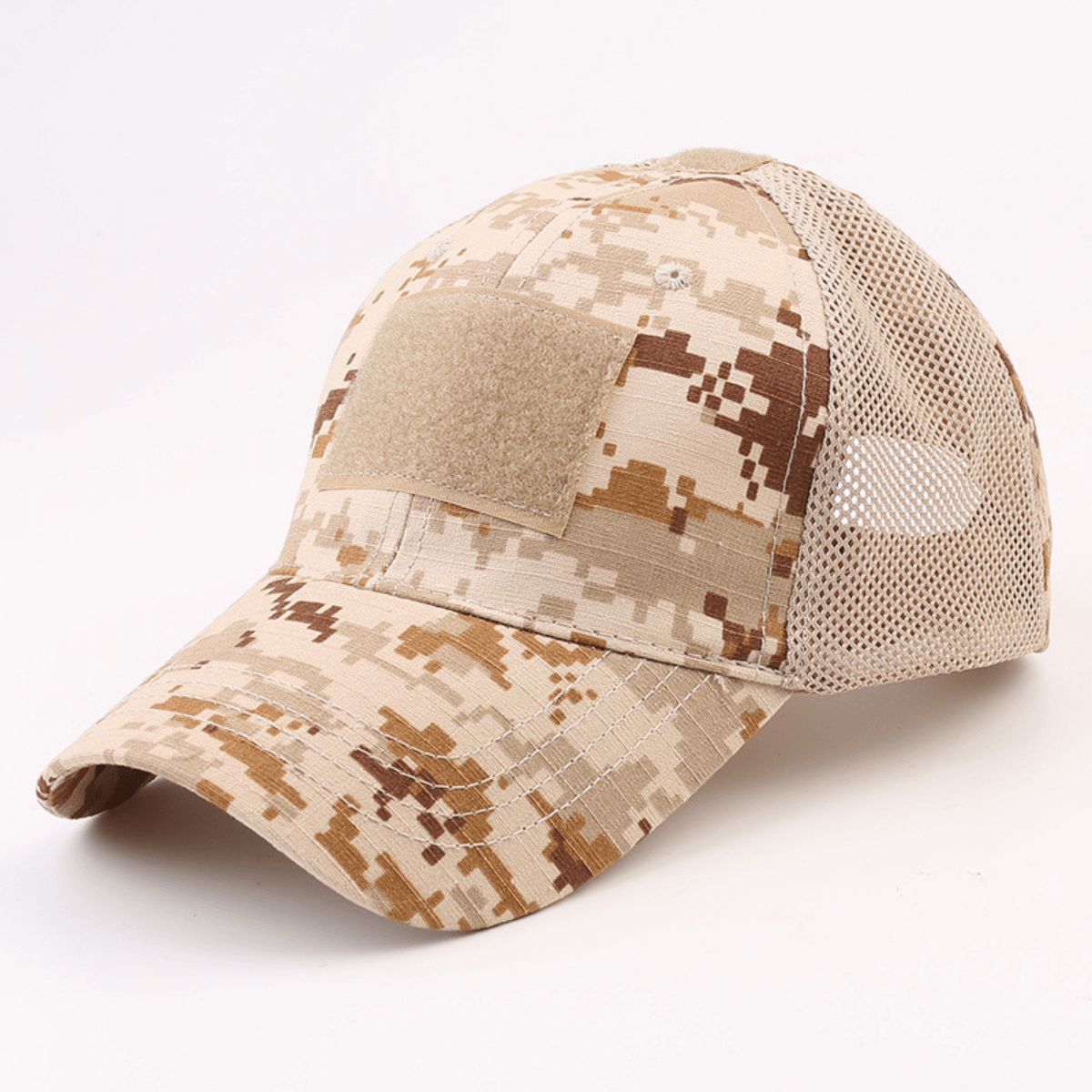 Camouflage baseball cap with mesh back on a white background